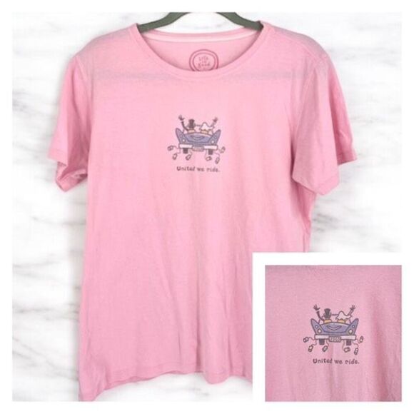 Life is Good Women's SS Wedding United We Ride Beide Groom T-Shirt Pink Medium - Picture 1 of 10